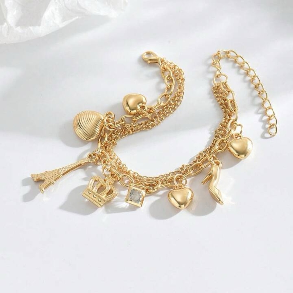 ❤️ I Love Paris Gold Tone Triple Chain Charm Bracelet